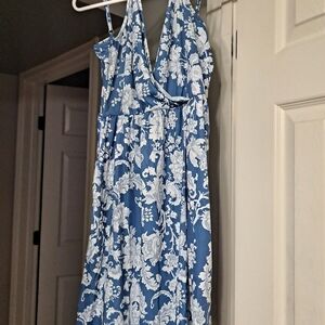 Blue and White Floral Wrap Maxi Dress